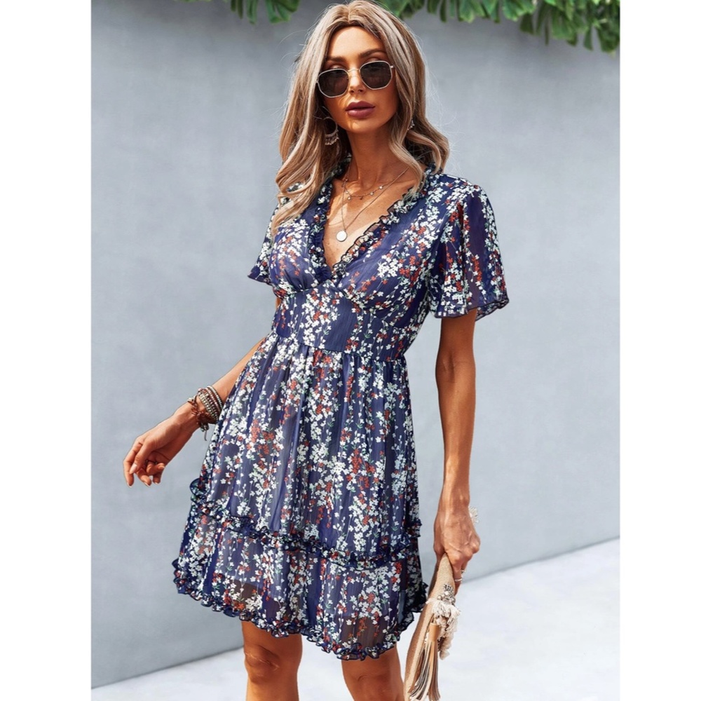 Floral Navy Blue Dress Summer V-Neck Short Mini - Picture 5 of 7
